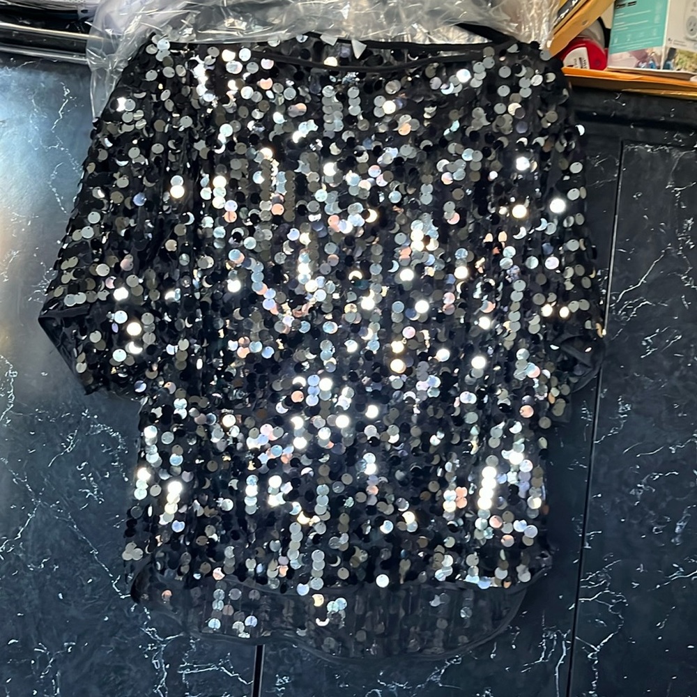Black and silver metallic shortsleeve milly top